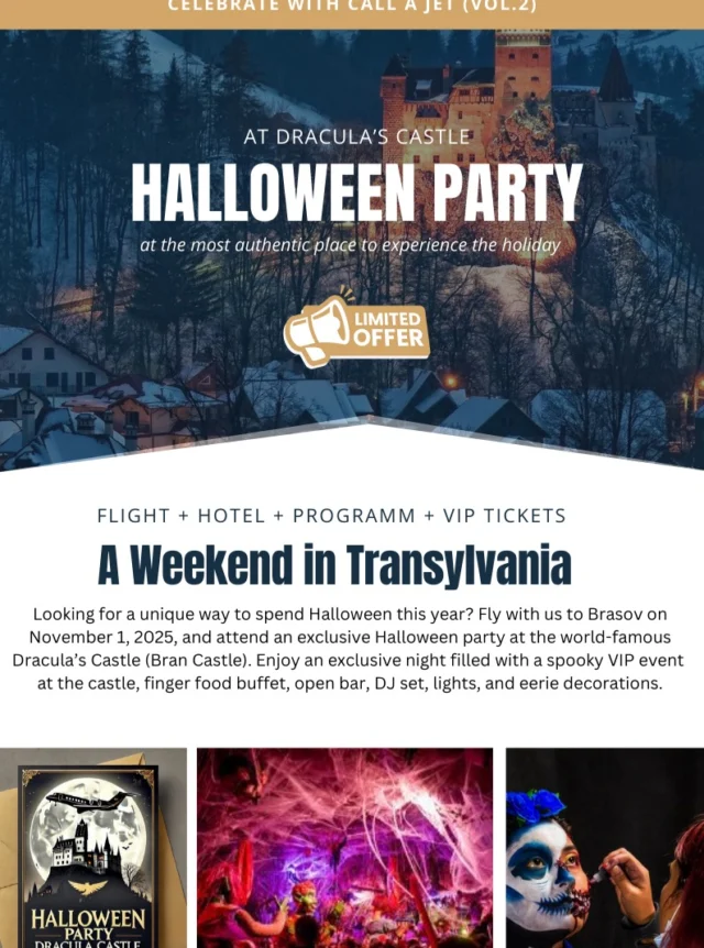 🎃 CELEBRATE HALLOWEEN WITH CALL A JET (VOL.2)
A Weekend in Transylvania
VIP Halloween Party at Dracula’s Castle
November 1–3, 2025 | Brasov, Romania
This Halloween, experience something truly extraordinary.
Fly with us by private jet to the heart of Transylvania — for a luxury weekend in Brasov including:
• 👻 Exclusive VIP Halloween Party inside Bran Castle (Dracula’s Castle)
• 🏨 Stay at MATCA, a serene Relais & Châteaux property nestled in the Carpathians
• 🧖 Spa, gourmet dinners, limousines, costume styling, and curated experiences
• 🎭 Optional private or group travel arrangements — your style, your pace
Whether you’re coming as a couple, a group of friends, or joining our curated event — we take care of every detail.
✨ Last year was unforgettable — this year will be legendary.
LIMITED SPACES. BOOK EARLY TO SECURE YOUR SPOT. 🦇 PROGRAM HIGHLIGHTS:
Saturday, Nov 1
• Afternoon: Arrival & Spa
• Night: Dinner, makeup artist, costume prep
• Late Night: VIP Castle Party (open bar, DJ, eerie décor)
Sunday, Nov 2
• Late breakfast with a view
• Brasov sightseeing & gourmet dinner
Monday, Nov 3
• Relaxed checkout and return flight
⸻
📲 Contact Joe to book your private jet or business class flight + hotel package.
WhatsApp: +49 151 15674221
E-mail: joe@callajet.com
⸻
🧛♂️ Dress to impress. This will be Halloween like never before. #halloween🎃 #halloweenparty #dracula #transylvania #transilvanien #partyideas